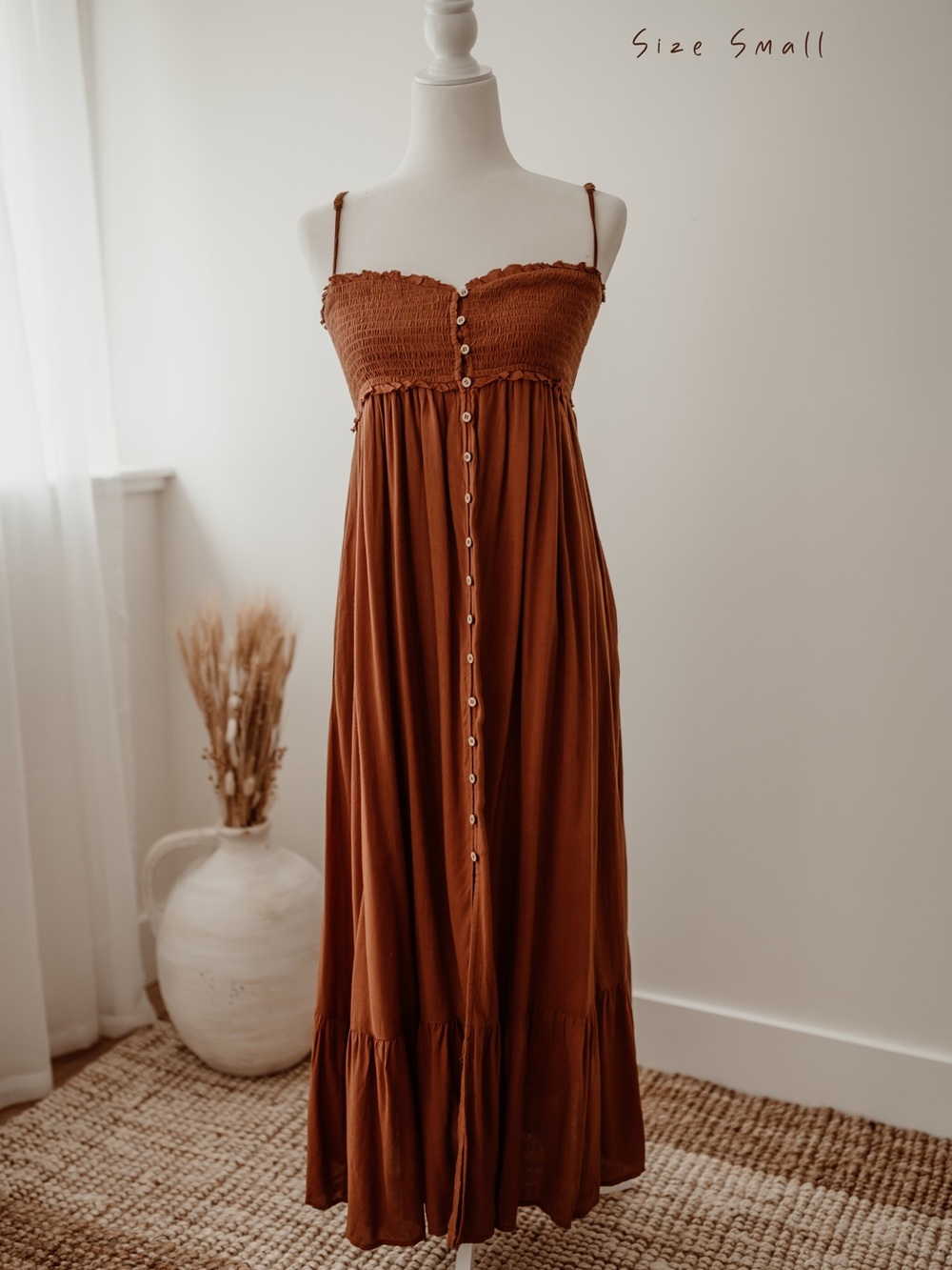 Smocked Button-Front Maxi Dress in Rust Brown